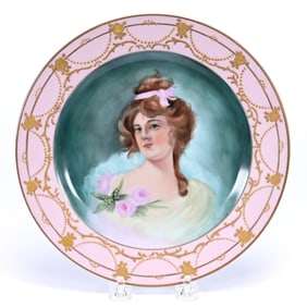 Plate, Unmarked Limoges Style, Hand Painted Portrait Of Young Woman