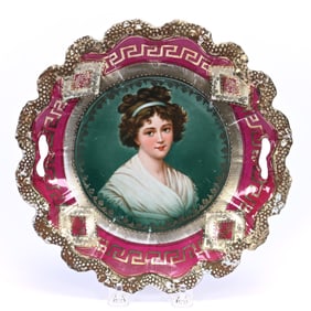 Cake Plate, Unmarked R.S. Prussia, Stipple Mold, Lebrun With Ribbon Portrait