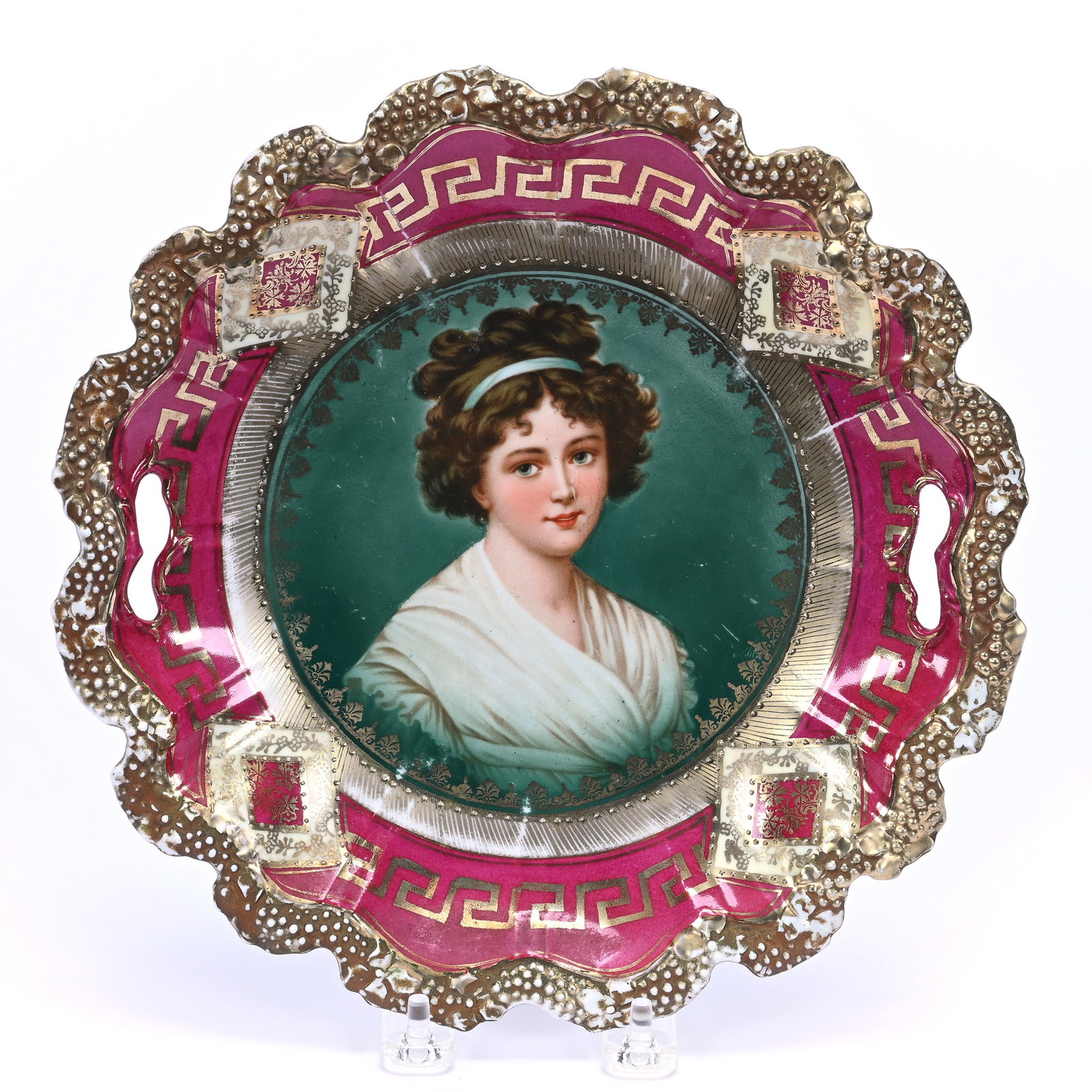 Cake Plate, Unmarked R.S. Prussia, Stipple Mold, Lebrun With Ribbon Portrait: Cake Plate, Unmarked R.S. Prussia, Stipple Mold, Lebrun With Ribbon Portrait, 9.75", Green Ground, Maroon Border, Some Gold Wear, Illinois Private Collection.