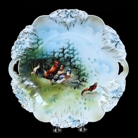 Cake Plate Marked R.S. Prussia, Icicle Mold, Barnyard And Pheasant Scenic Decor