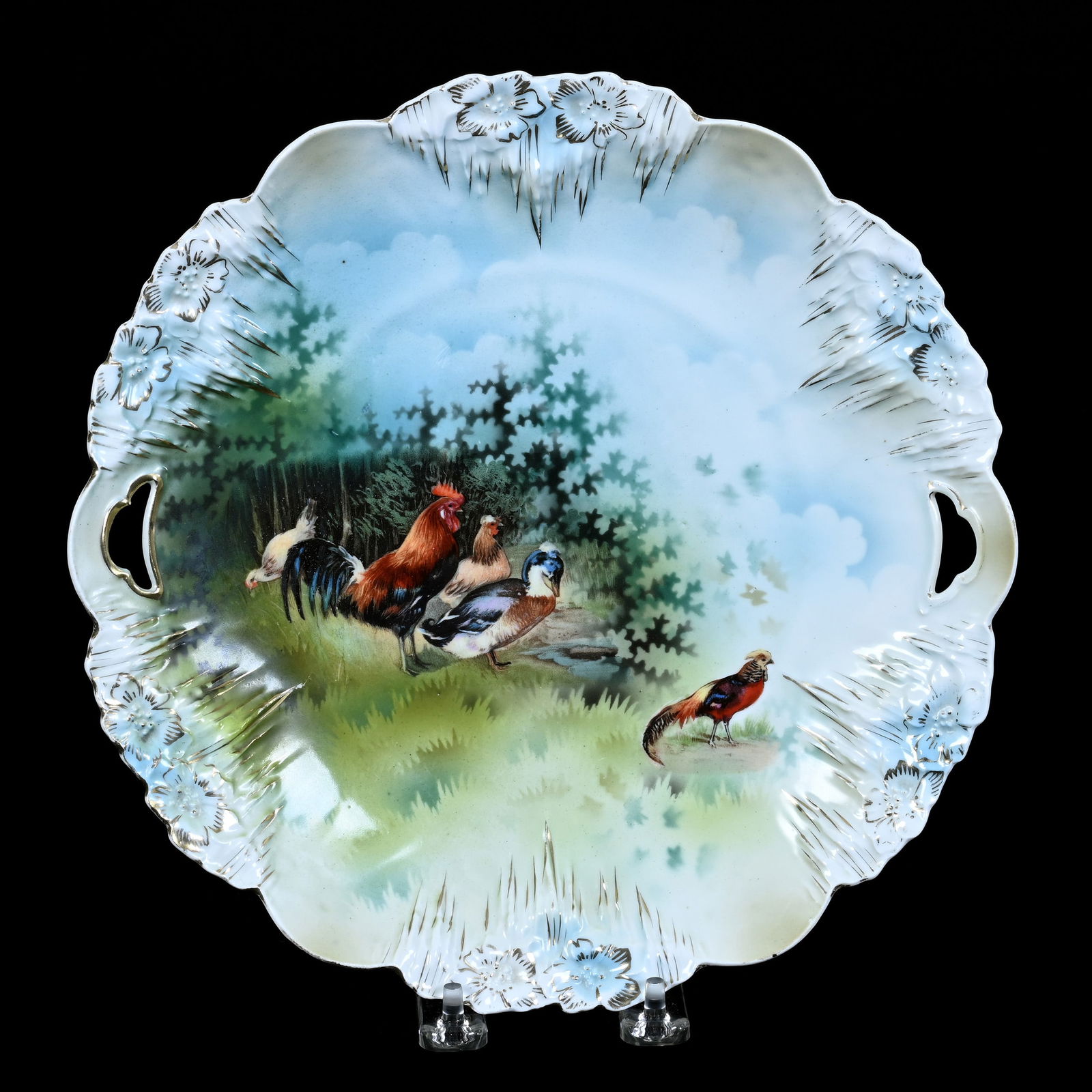 Cake Plate Marked R.S. Prussia, Icicle Mold, Barnyard And Pheasant Scenic Decor (1 of 2)