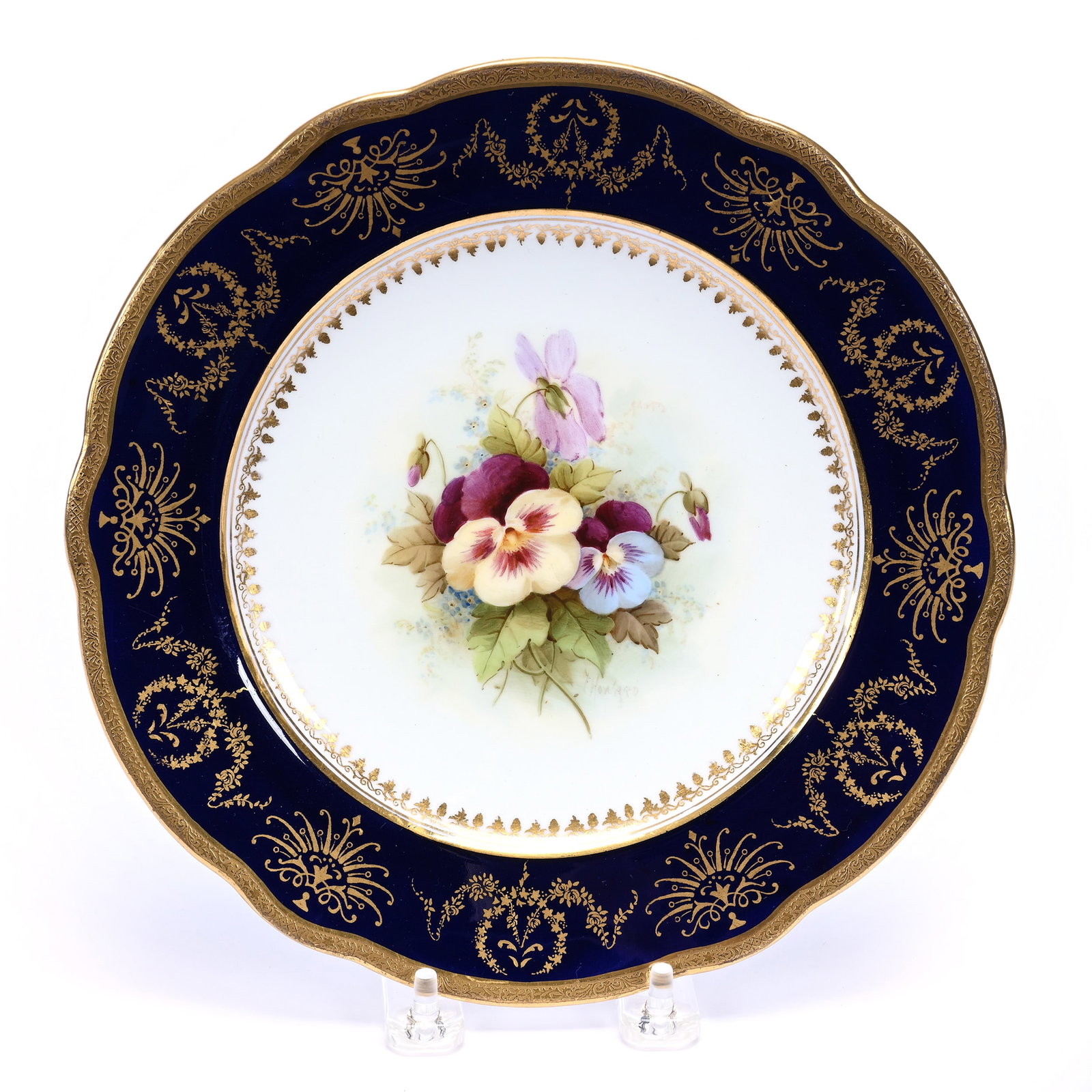 Plate Marked Coalport, Hand Painted Pansy Decor, Artist Signed Howard: Plate Marked Coalport, Hand Painted Pansy Decor, Artist Signed Howard, 8.75", Cobalt Blue Border, Illinois Private Collection.
