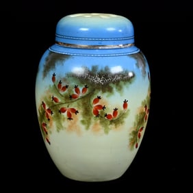 Potpourri Jar, Unmarked, Blue And Yellow Tones, Floral Decor