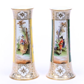(2) Vases Marked Dresden, Courting Scene Panels, One With Yellow Accents, One Has Green