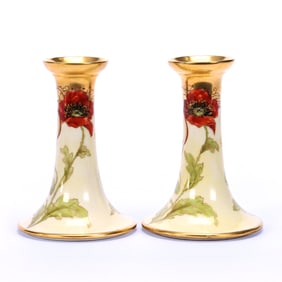 Pair Candlesticks Marked Pickard, Cream Tones, Poppy Decor, Heavy Gold Trim