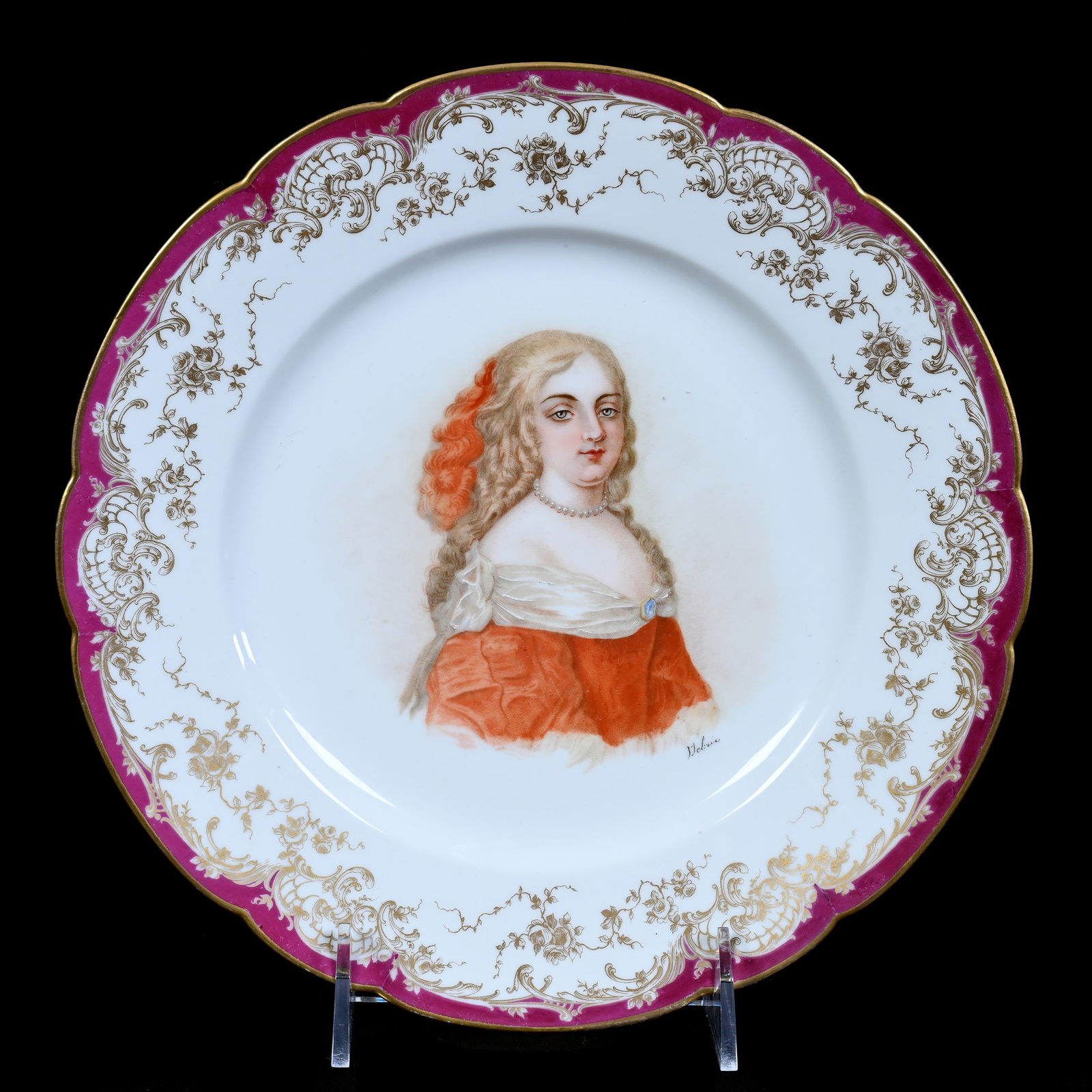 Plate Marked Sevres, White With Maroon Border, Portrait Of Madame Montespan: Plate Marked Sevres, White With Maroon Border, Portrait Of Madame Montespan, 9.5", Illinois Private Collection.