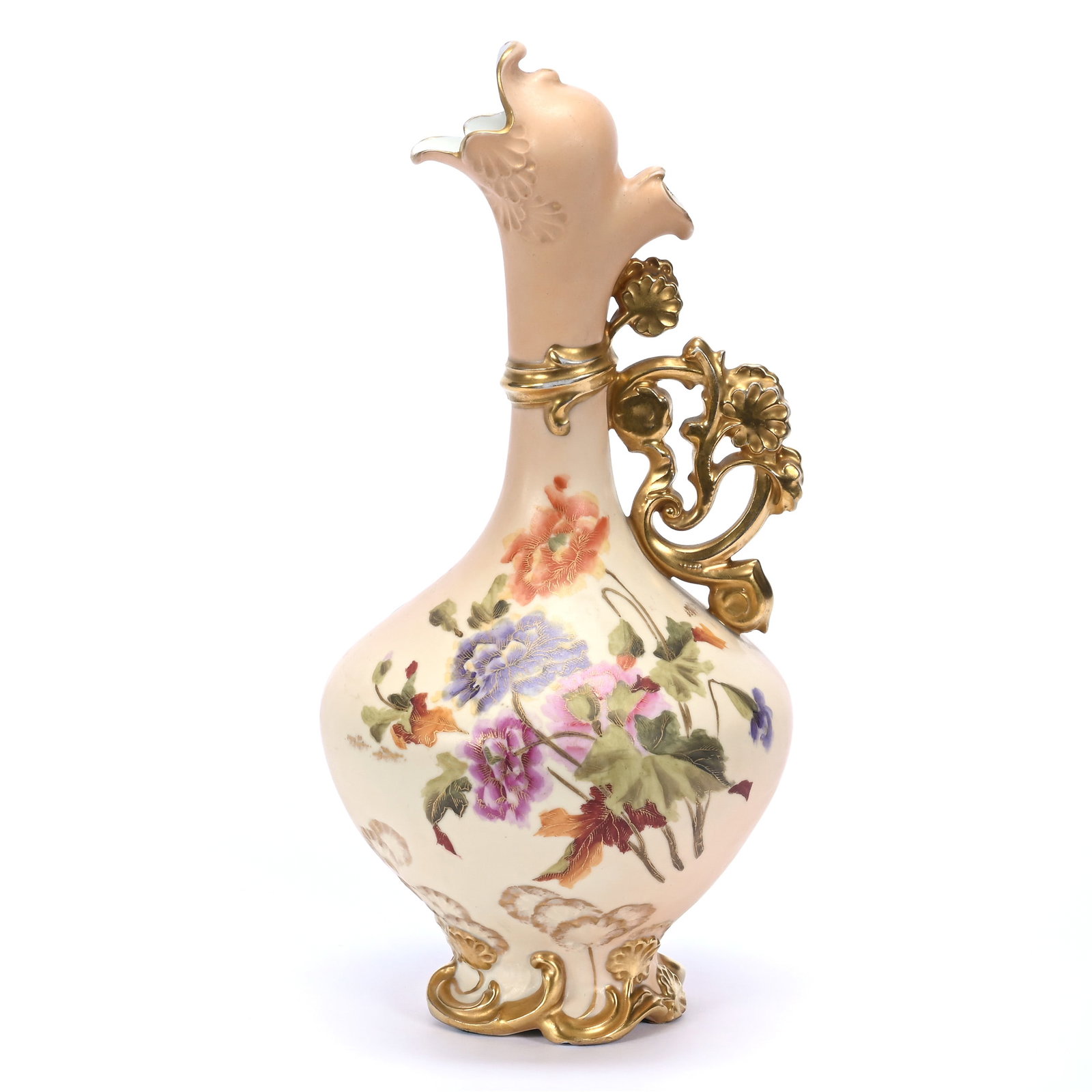 Ewer Marked Royal Rudolstadt, Peach Tones, Colorful Floral Decor, Gold Highlights: Ewer Marked Royal Rudolstadt, Peach Tones, Colorful Floral Decor, Gold Highlights, 10" x 4.75", Base Chip Repair, Illinois Private Collection.