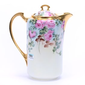 Chocolate Pot Marked Noritake Nippon, Cream, And Blue Tones, Pink Rose Decor