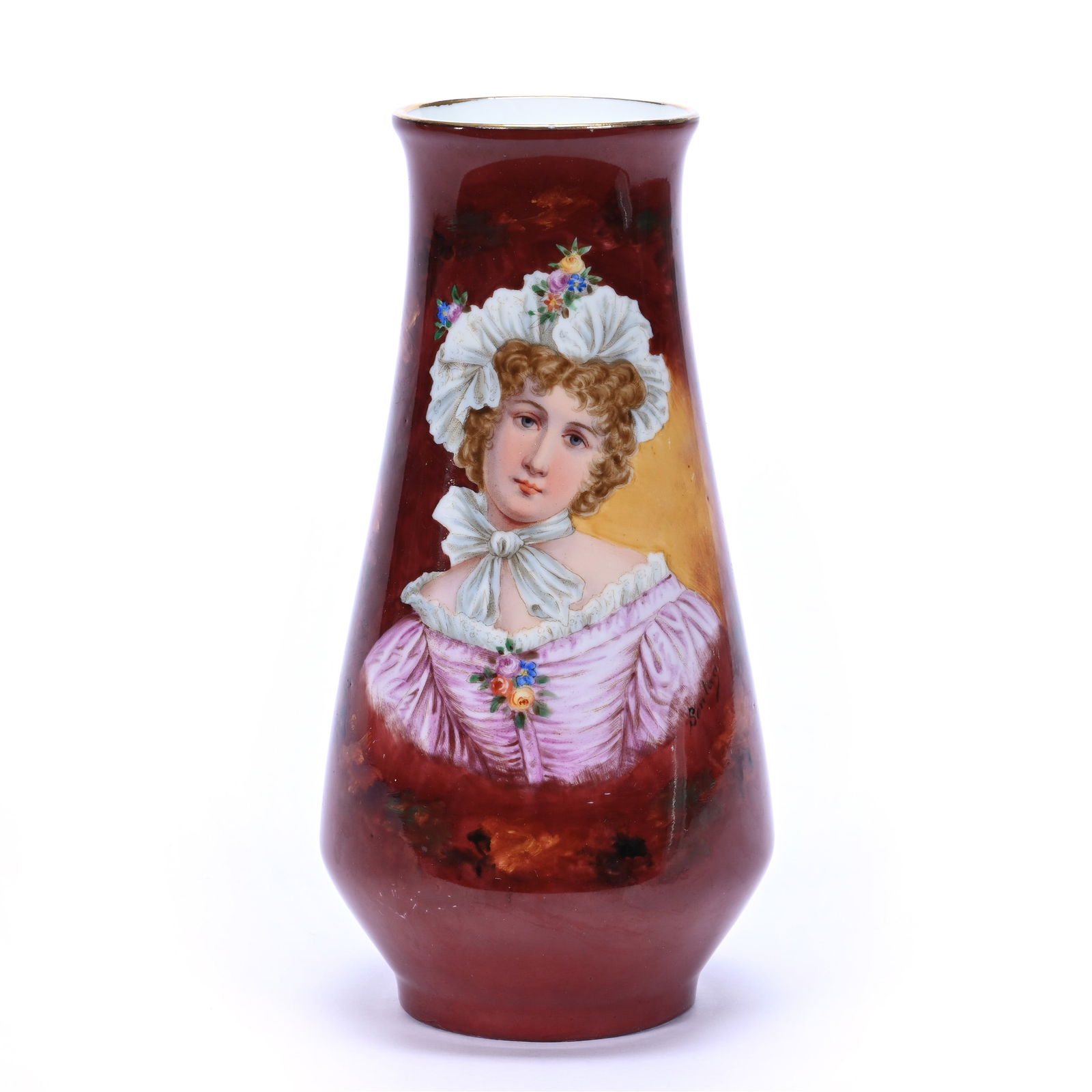 Vase Marked Heubach, Brown With Hand Painted Portrait Of Young Woman (1 of 3)