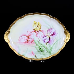 Oval Tray Marked Firenze Ware, Cream Tones With Colorful Iris Decor