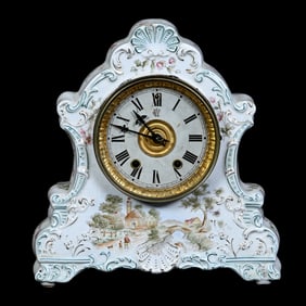 China Mantel Clock, White With Old Village Scenic Decor, Waterbury Clock Words