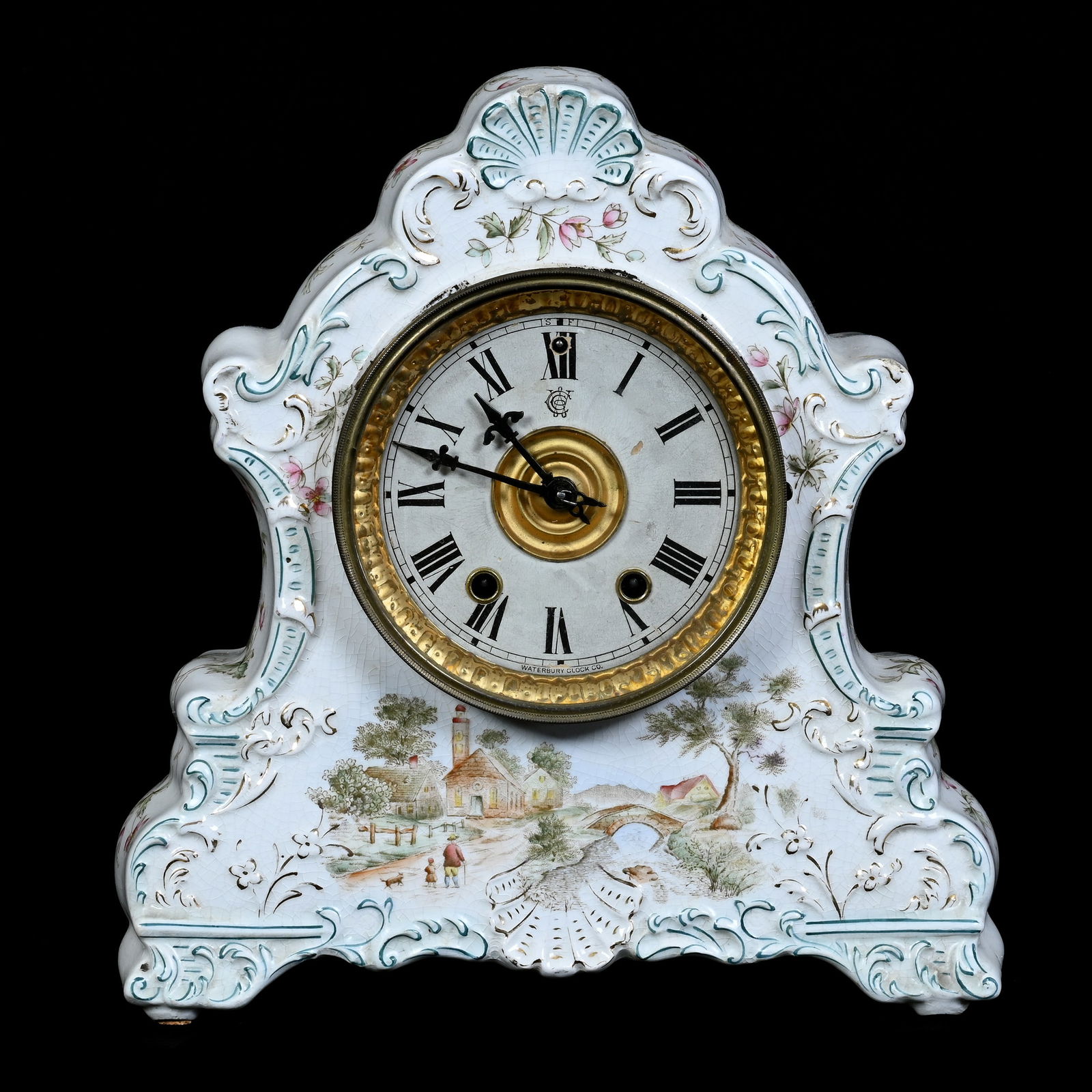 China Mantel Clock, White With Old Village Scenic Decor, Waterbury Clock Words (1 of 6)