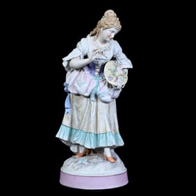 French Bisque Figure, Woman Gathering Flowers Into Hat