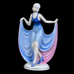 Figurine Marked Japan, Dancer, Flowing Blue And Pink Dress