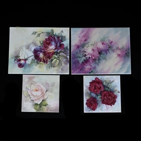 (4) Hand Painted Tiles, Floral Decor, All Are Artist Signed