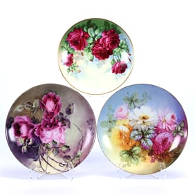 (3) Plates, Hand Painted Rose Decor