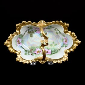 Basket Marked Austria, Pearlized Luster Ground, Pink Floral Decor