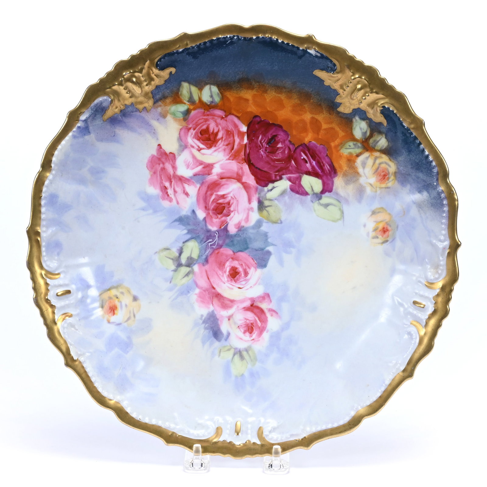 Charger Marked B&H Limoges, Blue Tones, Pink Rose Decor: Charger Marked B&H Limoges, Blue Tones, Pink Rose Decor, 12", Nice Gold Trim Highlights, Rim Nick, Illinois Private Collection.