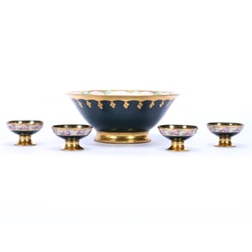 Punch Set, Unmarked Limoges, Dark Green With Vintage Border, Excellent Gold Highlights