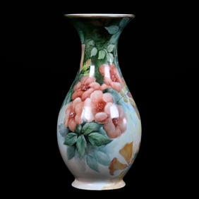 Vase, Unmarked Limoges Style, Green And Pink Tones, Floral Decor
