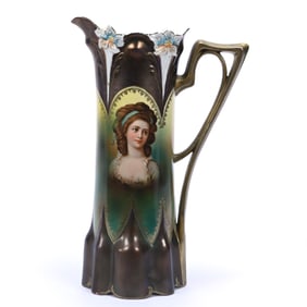 Tankard, Unmarked R.S. Prussia, Lily Mold, Potocka Portrait, Green And Yellow Ground