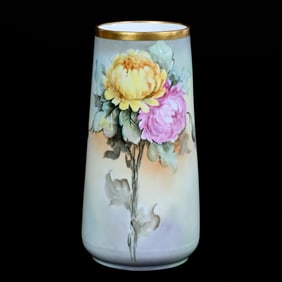 Vase Marked Vienna Austria, Green And Yellow Tones, Chrysanthemum Decor