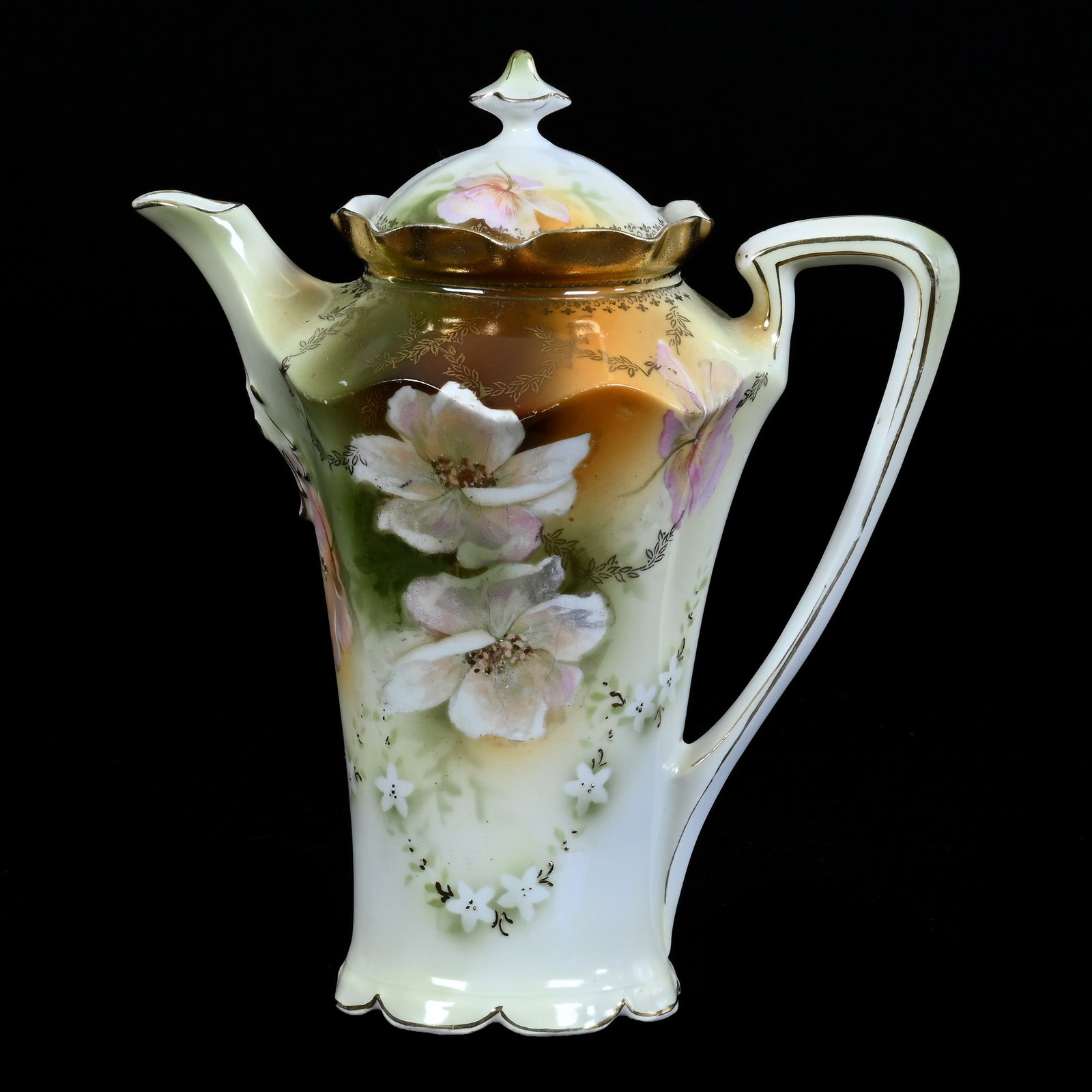 Chocolate Pot, Unmarked R.S. Prussia: Chocolate Pot, Unmarked R.S. Prussia, 9" x 7.75", Green And Brown Tones, White Floral Decor, Illinois Private Collection.