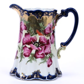 Pitcher, Unmarked Nippon Style, Cobalt Blue And White, Floral Decor