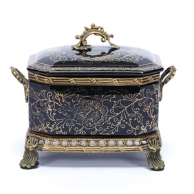 Tea Caddy, Unmarked Black Porcelain, Gold Floral Decor