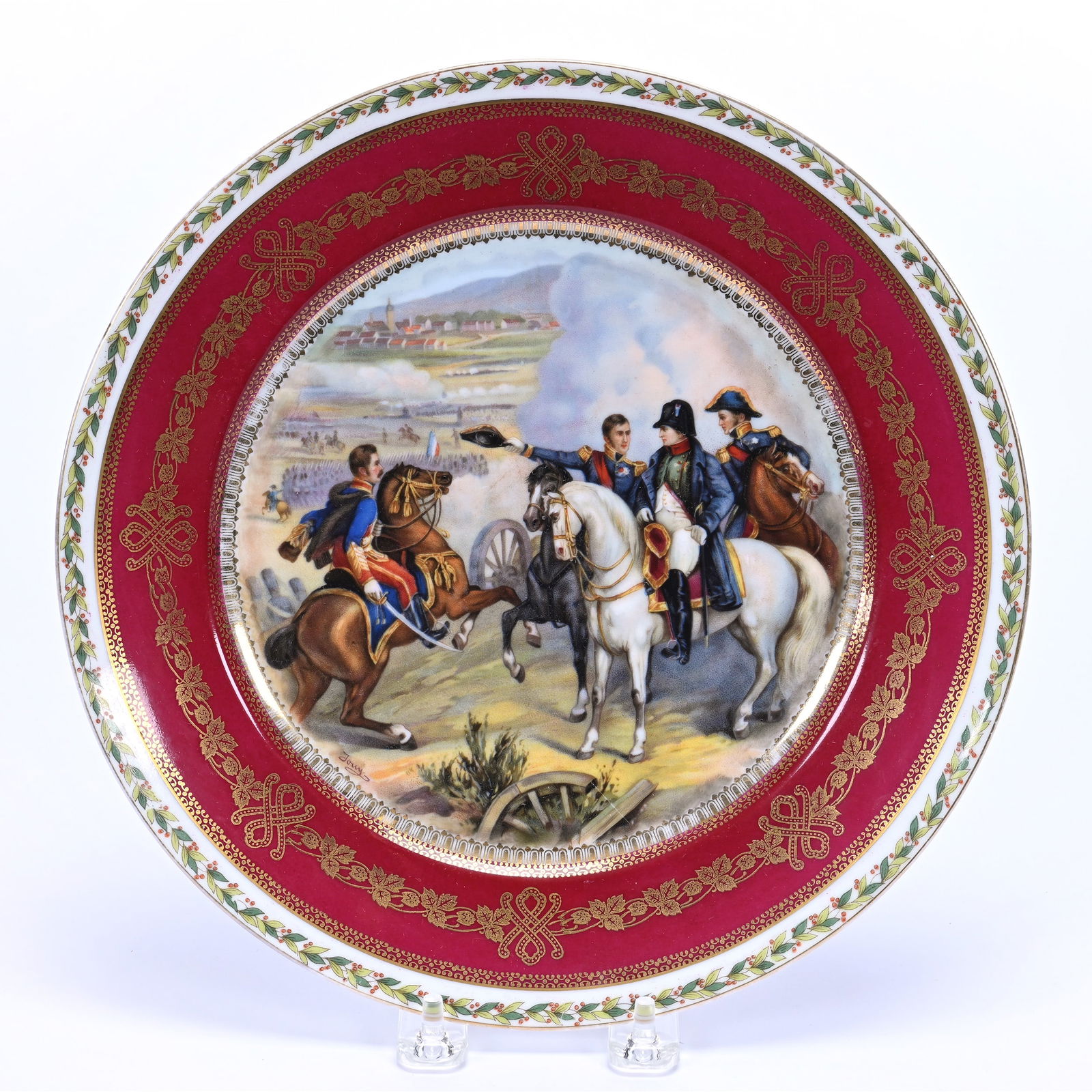 Plate, Austria, Napoleon Crown Mark, Scene Featuring "Combat De Heil'sberg": Plate, Austria, Napoleon Crown Mark, Scene Featuring "Combat De Heil'sberg", 10.25", Maroon Border, Nice Color, Illinois Private Collection.