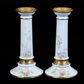 Pair Candlesticks Marked Limoges, White, Pink Floral Decor