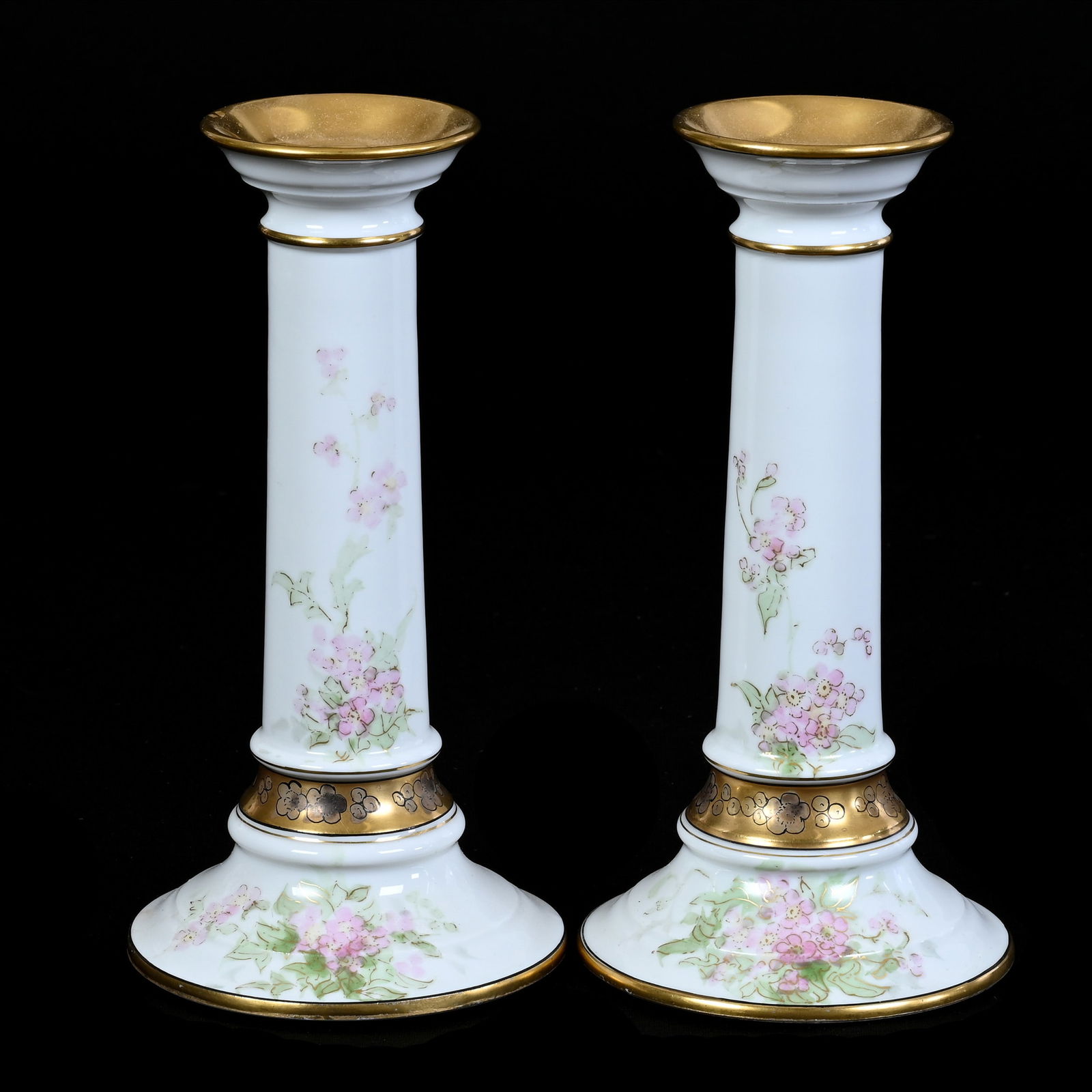 Pair Candlesticks Marked Limoges, White, Pink Floral Decor (1 of 3)