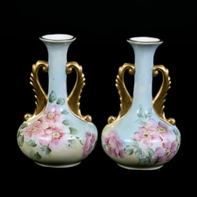 Pair Vases, Two Handles, Unmarked, Blue And Yellow Tones, Pink Floral Decor
