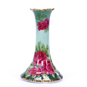 Candlestick Holder, Marked Bavaria, Green Tones With Red Rose Decor