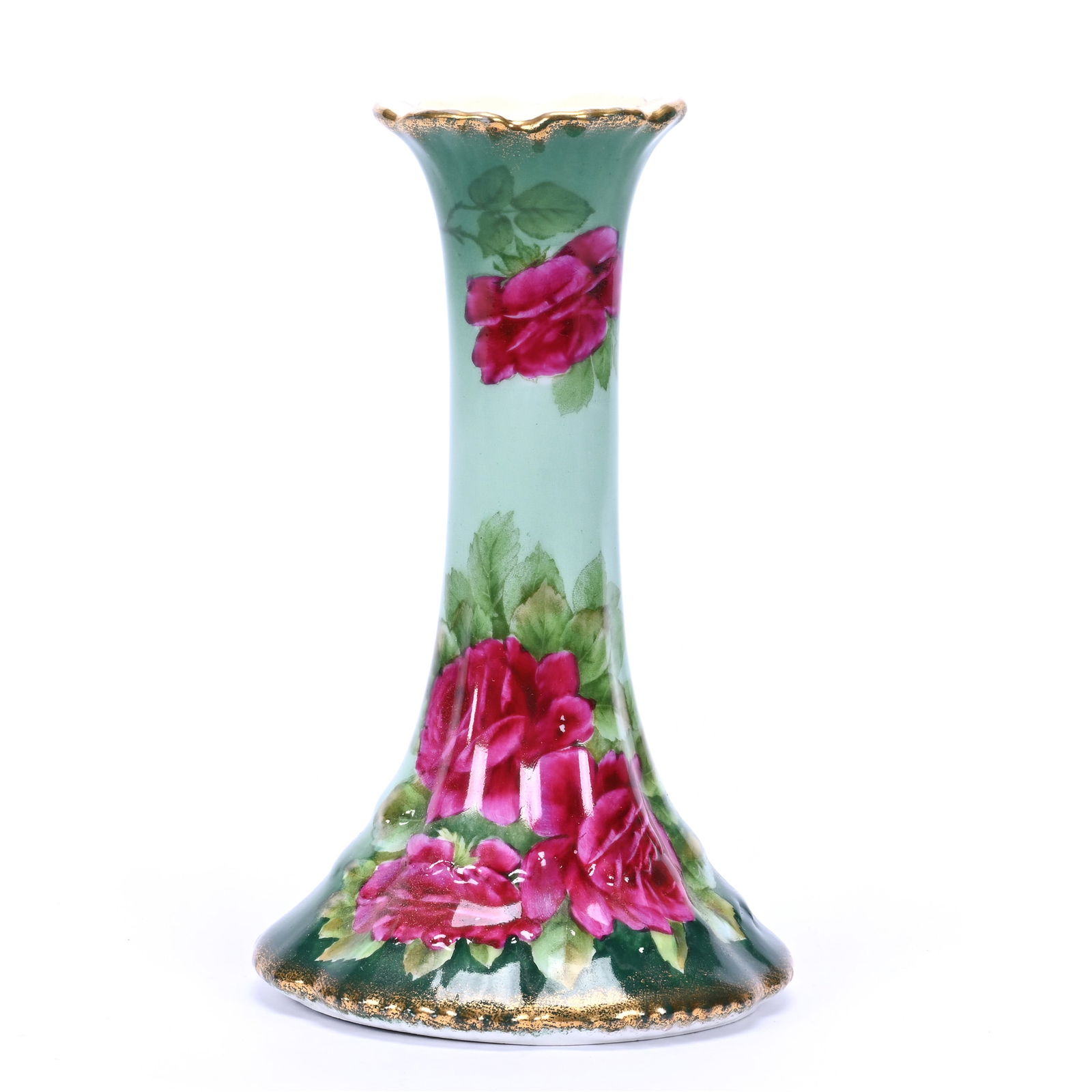 Candlestick Holder, Marked Bavaria, Green Tones With Red Rose Decor (1 of 3)