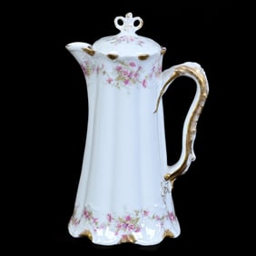 Chocolate Pot, Marked Theodore Haviland Limoges, White With Pink Floral Decor, Gold Trim Highlights