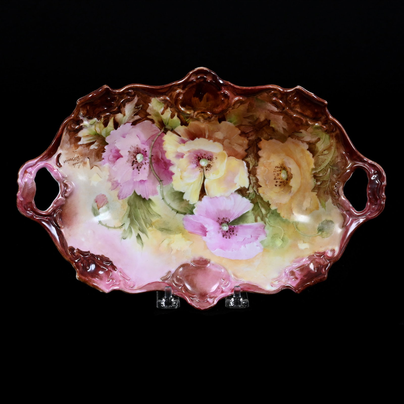 Oval Tray, Marked Kaiser, Brown, Pink, Yellow, And Green Tones With Poppy Decor, Artist Signed: Oval Tray, Marked Kaiser, Brown, Pink, Yellow, And Green Tones With Poppy Decor, Artist Signed, 11.75" x 7.75", Illinois Private Collection.