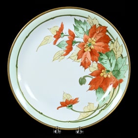 Charger, Marked Limoges, Decorated By France Studio, Cream Center With Green Border, Poinsettia