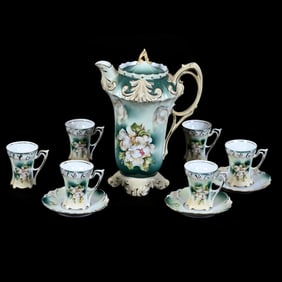 Chocolate Set, Marked Wheelock Prussia, Fleur De Lis Mold, Green And Cream Tones With Magnolia Decor