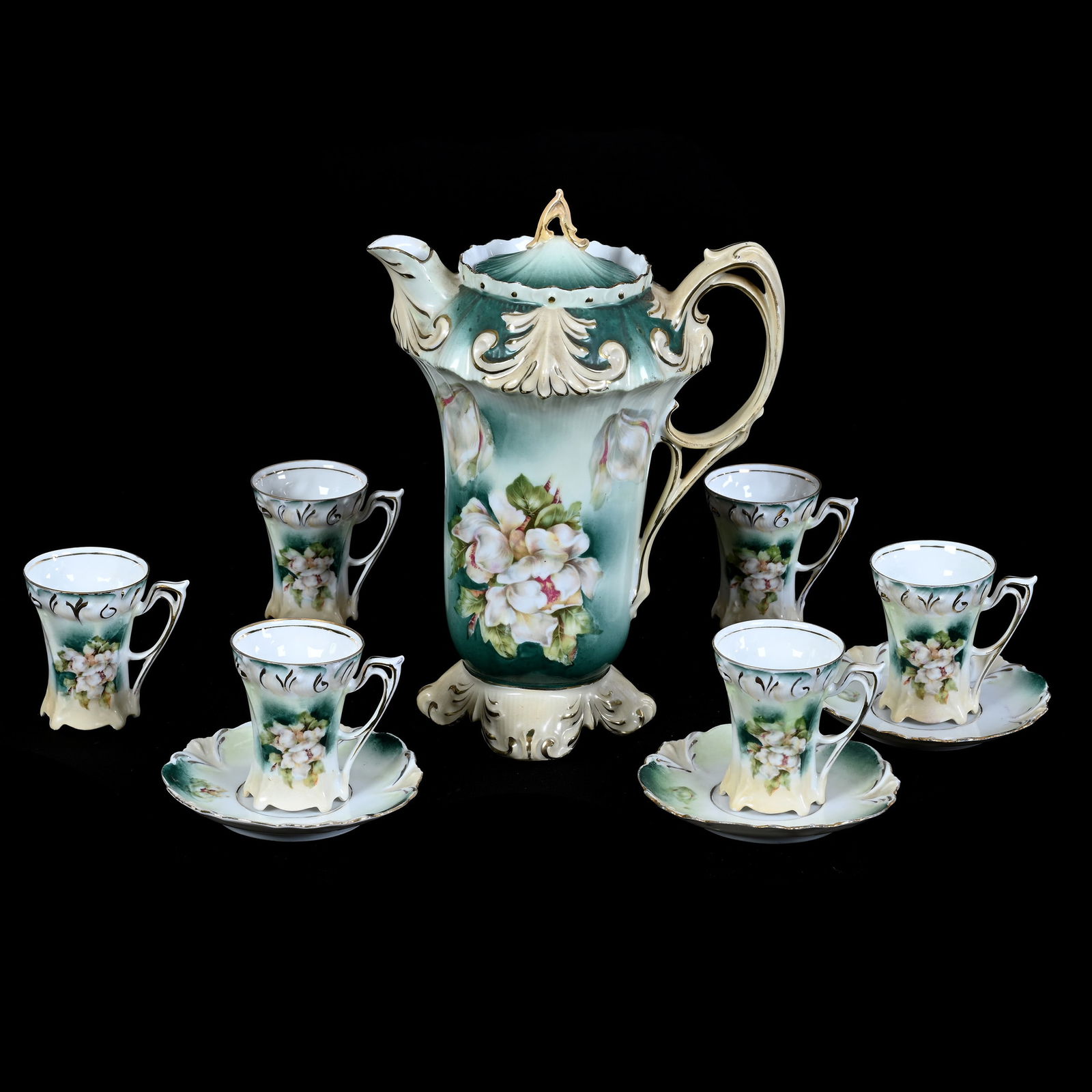 Chocolate Set, Marked Wheelock Prussia, Fleur De Lis Mold, Green And Cream Tones With Magnolia Decor (1 of 3)