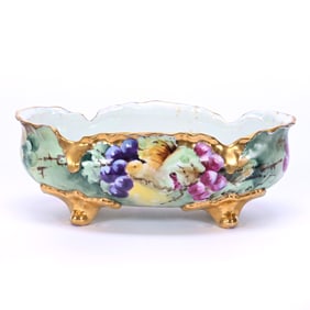Footed Oval Bowl, Marked Bavaria, Hand Painted Vintage Decor, Pearlized Interior, Heavy Gold Trim