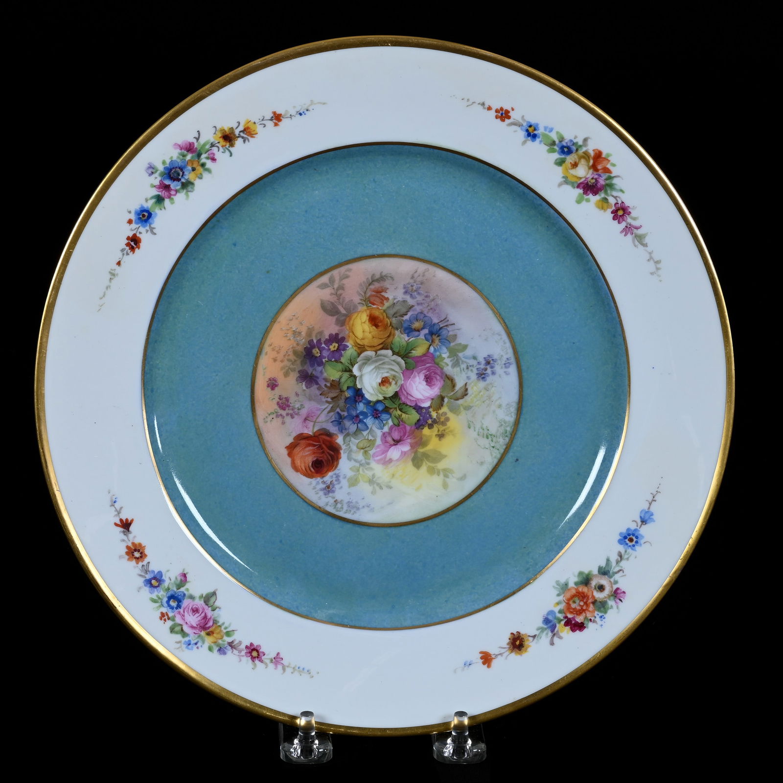 Plate, Marked Rosenthal, Colorful Floral Decor With Turquoise And White Border: Plate, Marked Rosenthal, Colorful Floral Decor With Turquoise And White Border, 10", Illinois Private Collection.