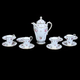 Chocolate Set, Marked Coalport, Made For Marshall Field And Company, White With Pink Rose Decor
