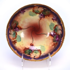Bowl, Marked Pickard, Orange And Yellow Tones With Vintage Decor, Lavender And Gold Border