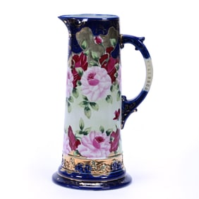 Tankard, Unmarked Nippon, Light Green With Cobalt Blue Border, Large Pink And Red Rose Decor, Gold