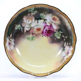 Footed Bowl, Marked AK Limoge, Yellow And Green Tones With Rose Decor, Artist Signed
