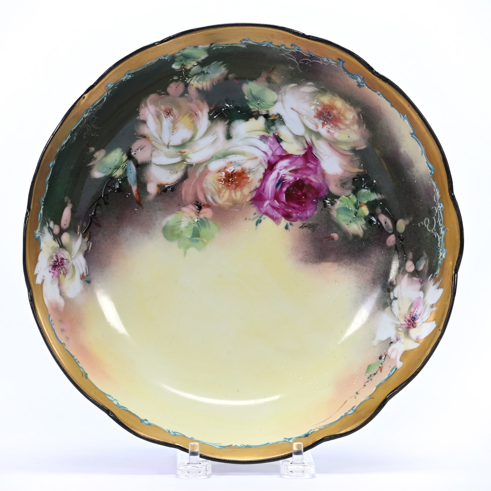 Footed Bowl, Marked AK Limoge, Yellow And Green Tones With Rose Decor, Artist Signed: Footed Bowl, Marked AK Limoge, Yellow And Green Tones With Rose Decor, Artist Signed, 3.5" x 9.5", Illinois Private Collection.