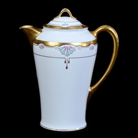 Chocolate Pot, Marked Pickard, White With Pink And Blue Art Decor Design, Heavy Gold Trim
