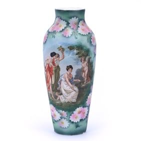 Vase, Unmarked Germany, Classic Scene Of Women And Cherub, Tapestry Finish