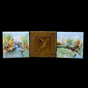 Three Tiles, (2) Hand Painted Scenic Decors Marked Wheeling, (1) Majolica Style Embossed Bird Design
